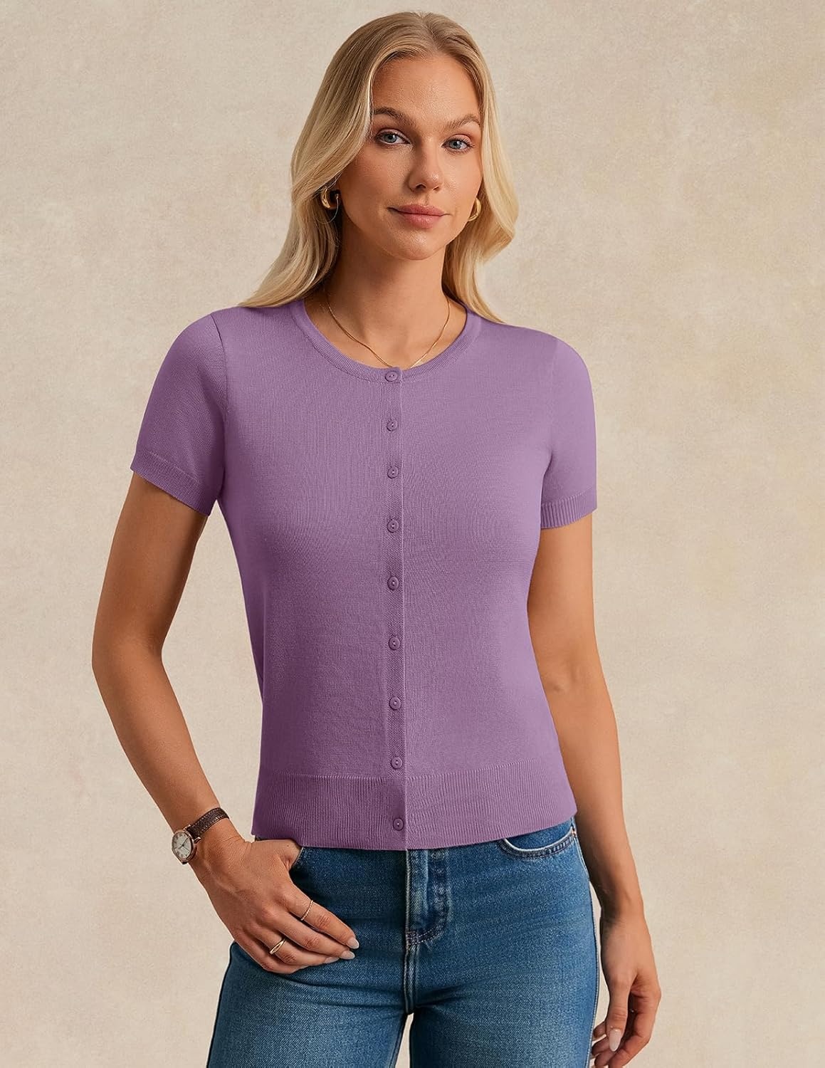 image:imageGRACE KARIN Women Short Sleeve Cardigan 2026 Summer Knitted Sweater Tops Basic Crew Neck Crop OutfitsPurple