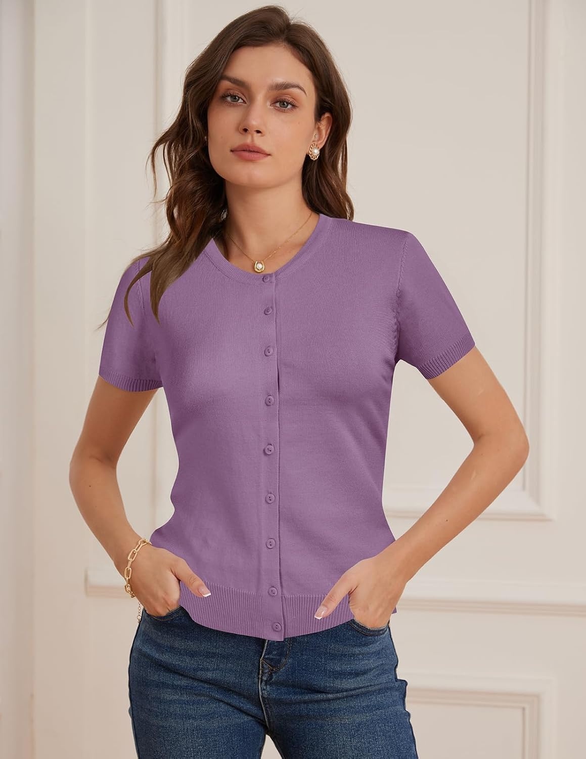 image:imageGRACE KARIN Women Short Sleeve Cardigan 2026 Summer Knitted Sweater Tops Basic Crew Neck Crop OutfitsPurple