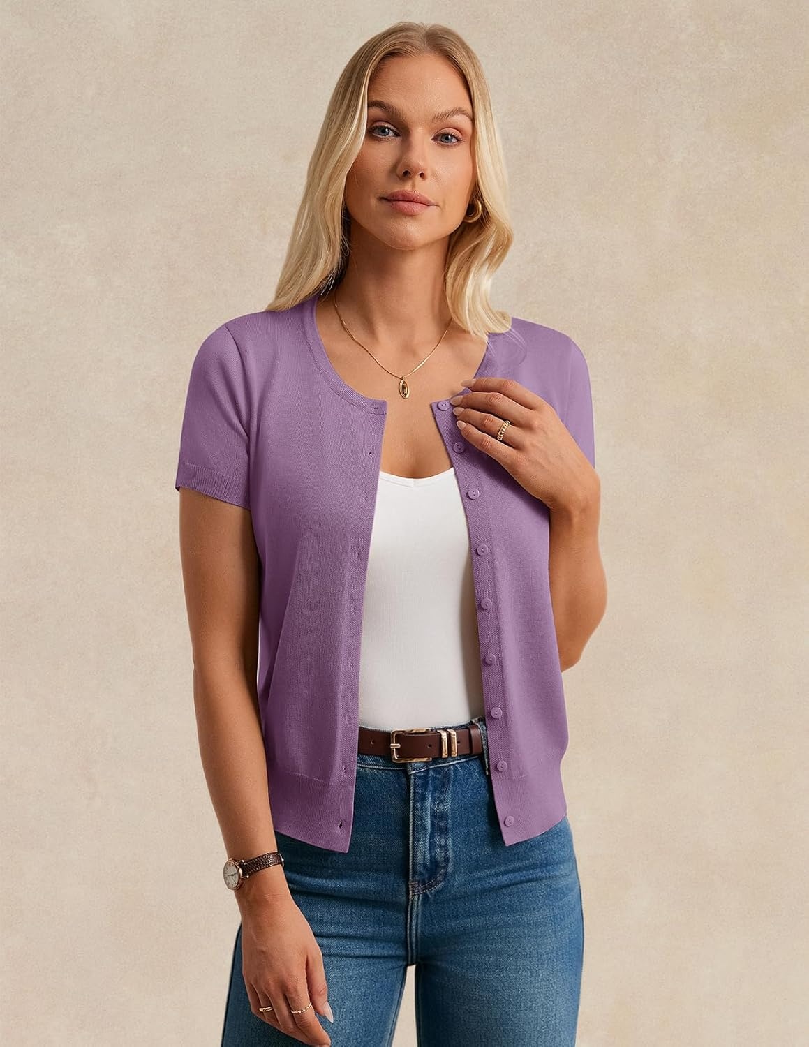 image:imageGRACE KARIN Women Short Sleeve Cardigan 2026 Summer Knitted Sweater Tops Basic Crew Neck Crop OutfitsPurple