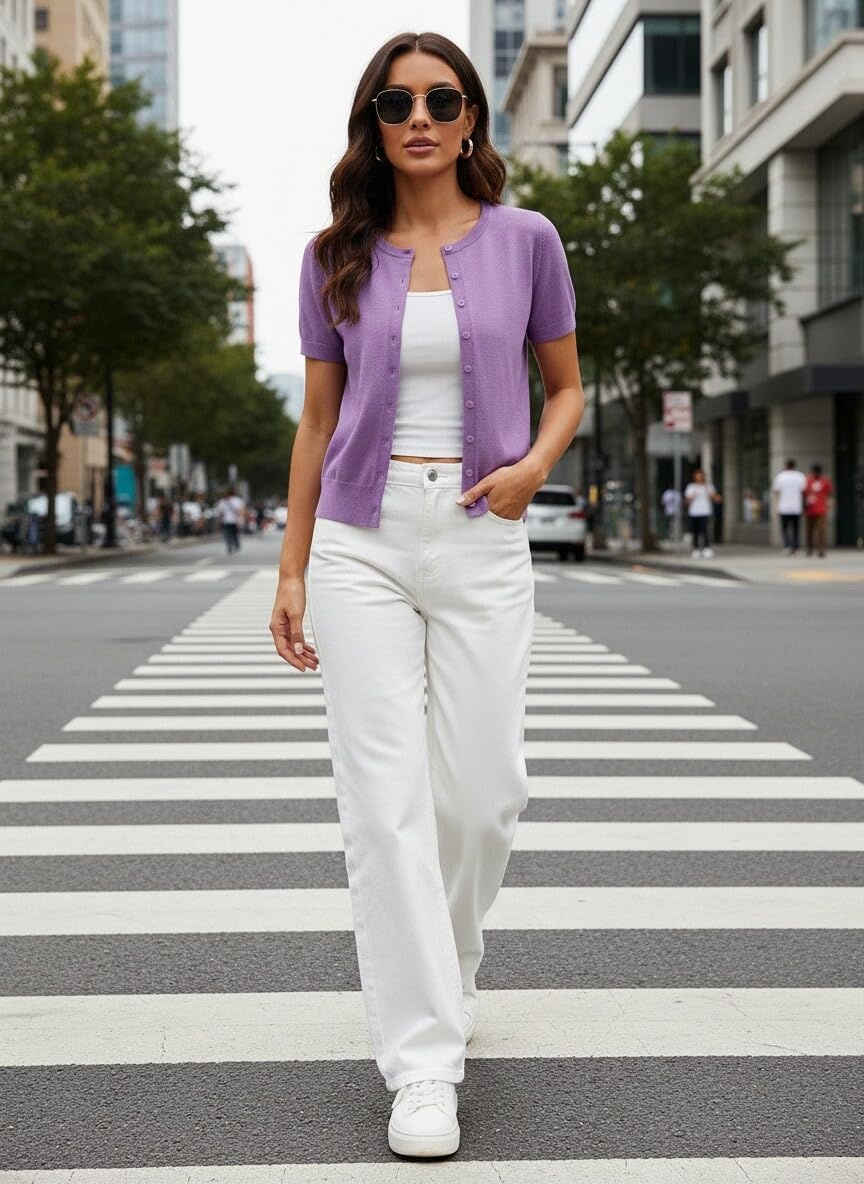 image:imageGRACE KARIN Women Short Sleeve Cardigan 2026 Summer Knitted Sweater Tops Basic Crew Neck Crop OutfitsPurple