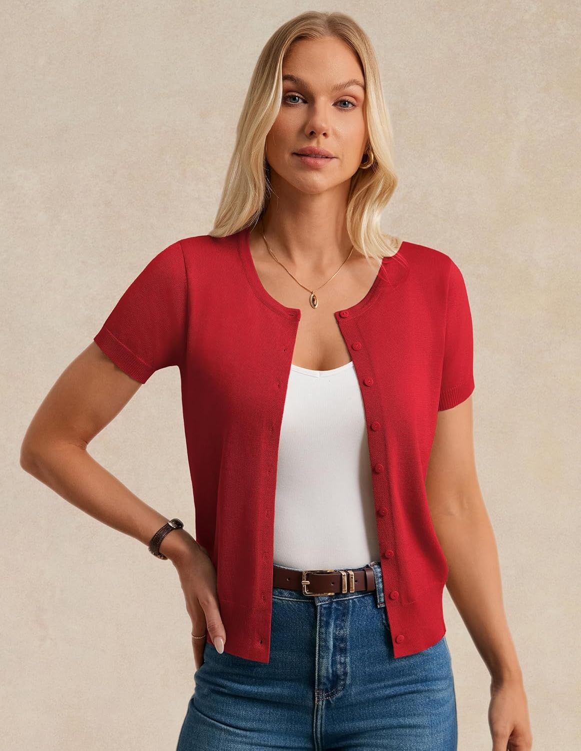 image:imageGRACE KARIN Women Short Sleeve Cardigan 2026 Summer Knitted Sweater Tops Basic Crew Neck Crop OutfitsRed