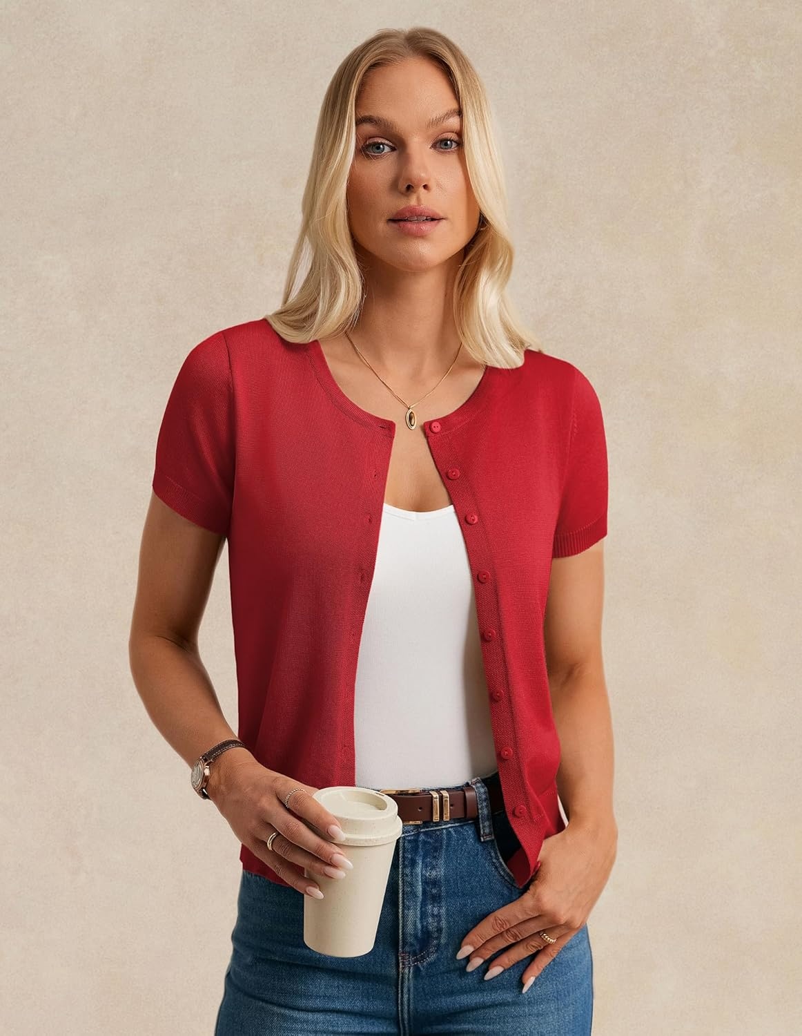 image:imageGRACE KARIN Women Short Sleeve Cardigan 2026 Summer Knitted Sweater Tops Basic Crew Neck Crop OutfitsRed