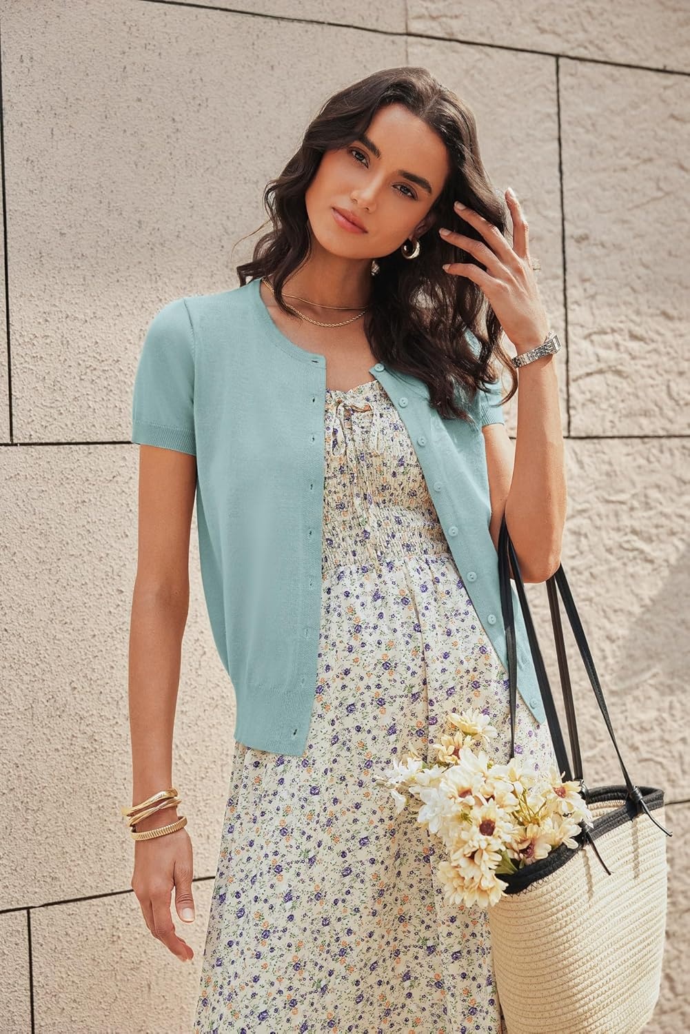 image:imageGRACE KARIN Women Short Sleeve Cardigan 2026 Summer Knitted Sweater Tops Basic Crew Neck Crop OutfitsSeafoam Blue