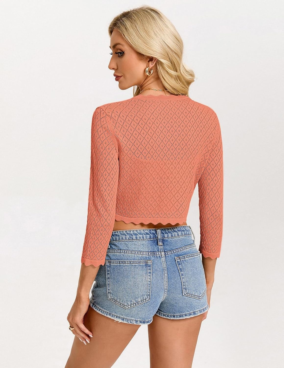 image:imageGRACE KARIN Womens 2026 Bolero Shrug 34 Sleeve Crochet Cropped Cardigan Open Front Knit Shrugs for DressesCoral Pink