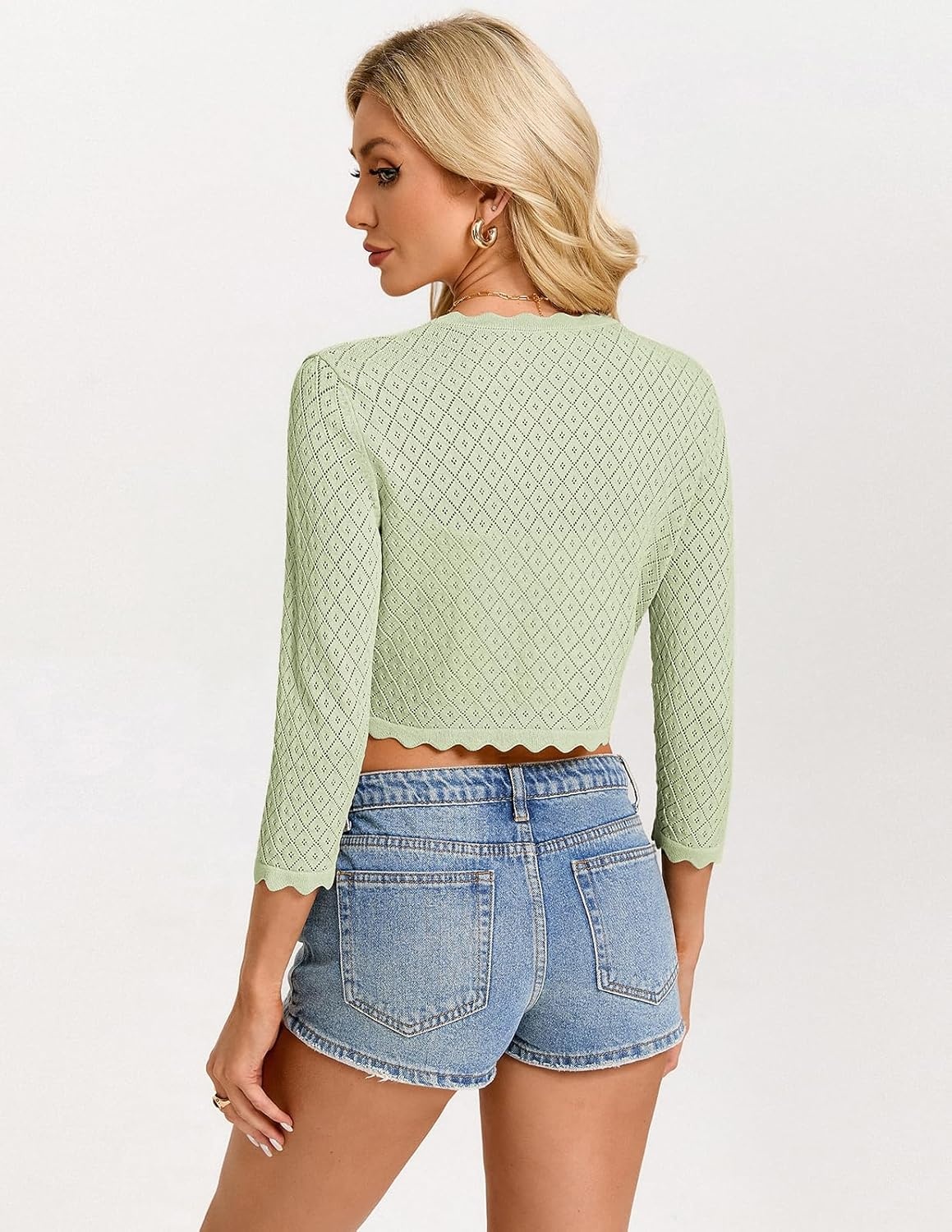 image:imageGRACE KARIN Womens 2026 Bolero Shrug 34 Sleeve Crochet Cropped Cardigan Open Front Knit Shrugs for DressesLight Green