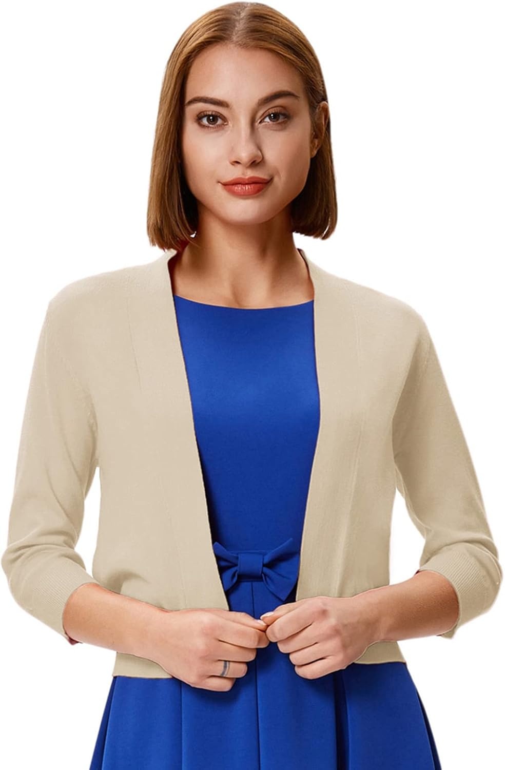 image:imageGRACE KARIN Womens 34 Sleeve Knit Cropped Cardigan Sweaters Lightweight Open Front Bolero Shrugs Sweater for DressBeige