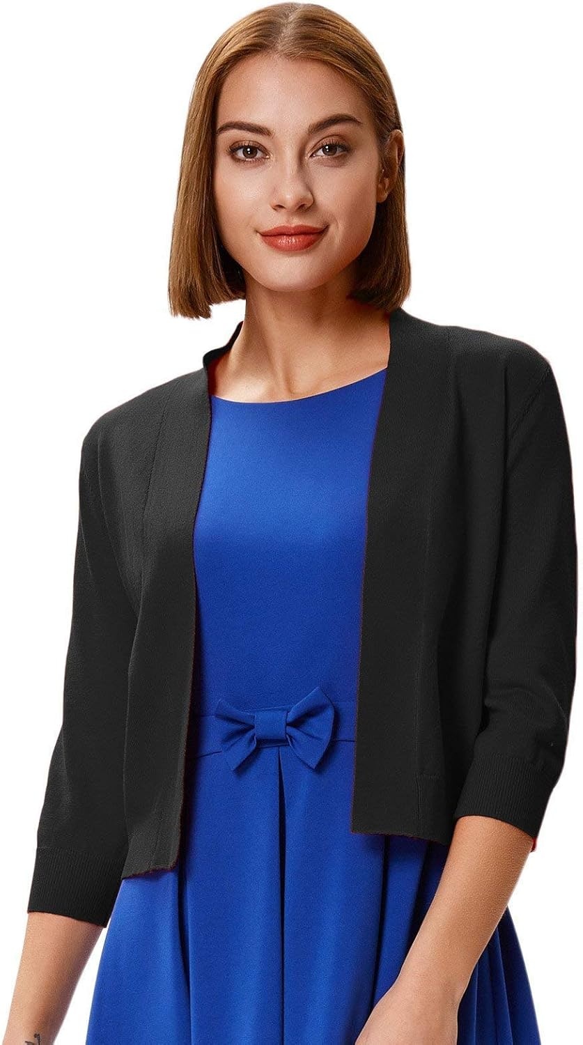 image:imageGRACE KARIN Womens 34 Sleeve Knit Cropped Cardigan Sweaters Lightweight Open Front Bolero Shrugs Sweater for DressBlack