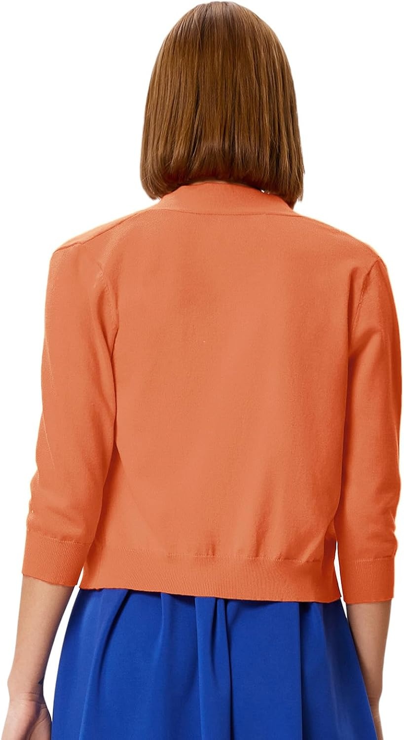 image:imageGRACE KARIN Womens 34 Sleeve Knit Cropped Cardigan Sweaters Lightweight Open Front Bolero Shrugs Sweater for DressBrightorange