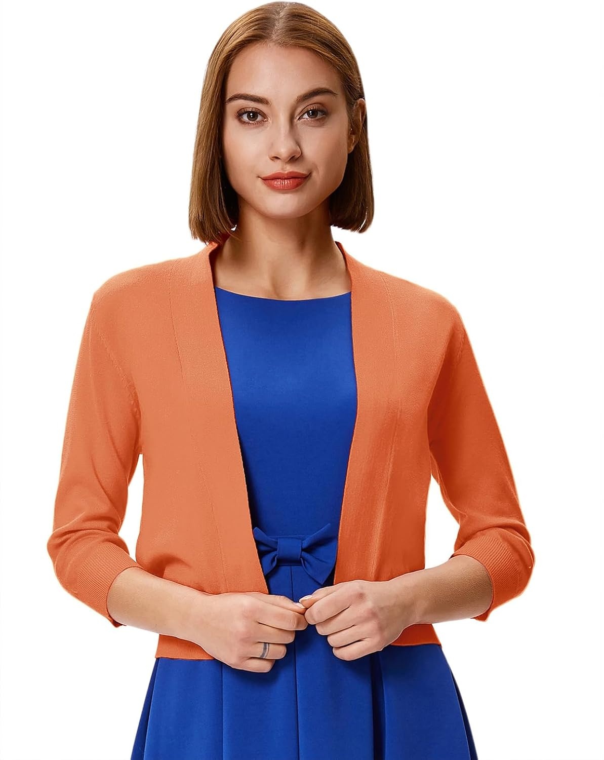 image:imageGRACE KARIN Womens 34 Sleeve Knit Cropped Cardigan Sweaters Lightweight Open Front Bolero Shrugs Sweater for DressBrightorange