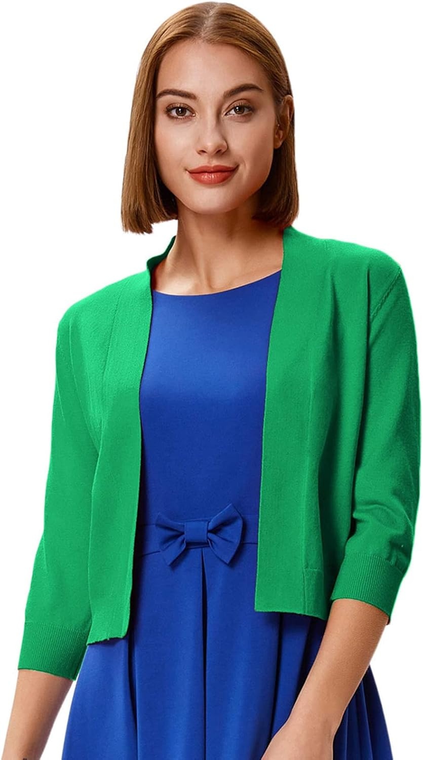 image:imageGRACE KARIN Womens 34 Sleeve Knit Cropped Cardigan Sweaters Lightweight Open Front Bolero Shrugs Sweater for DressGreen