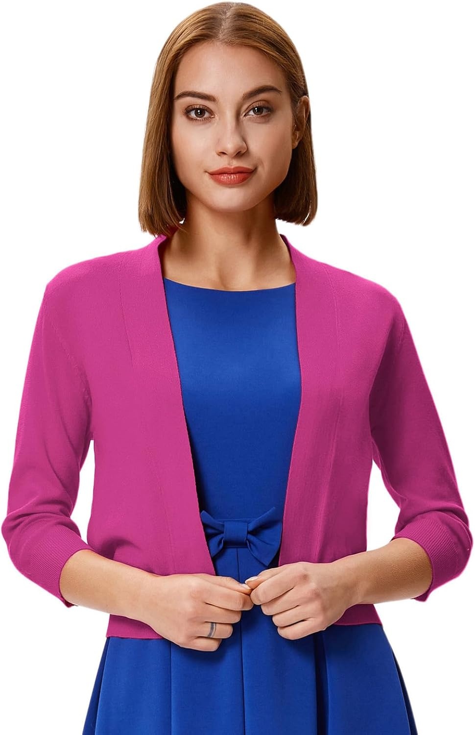 image:imageGRACE KARIN Womens 34 Sleeve Knit Cropped Cardigan Sweaters Lightweight Open Front Bolero Shrugs Sweater for DressHot Pink