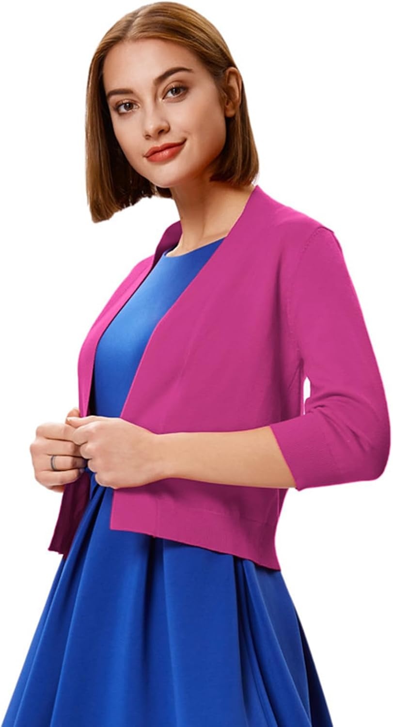 image:imageGRACE KARIN Womens 34 Sleeve Knit Cropped Cardigan Sweaters Lightweight Open Front Bolero Shrugs Sweater for DressHot Pink