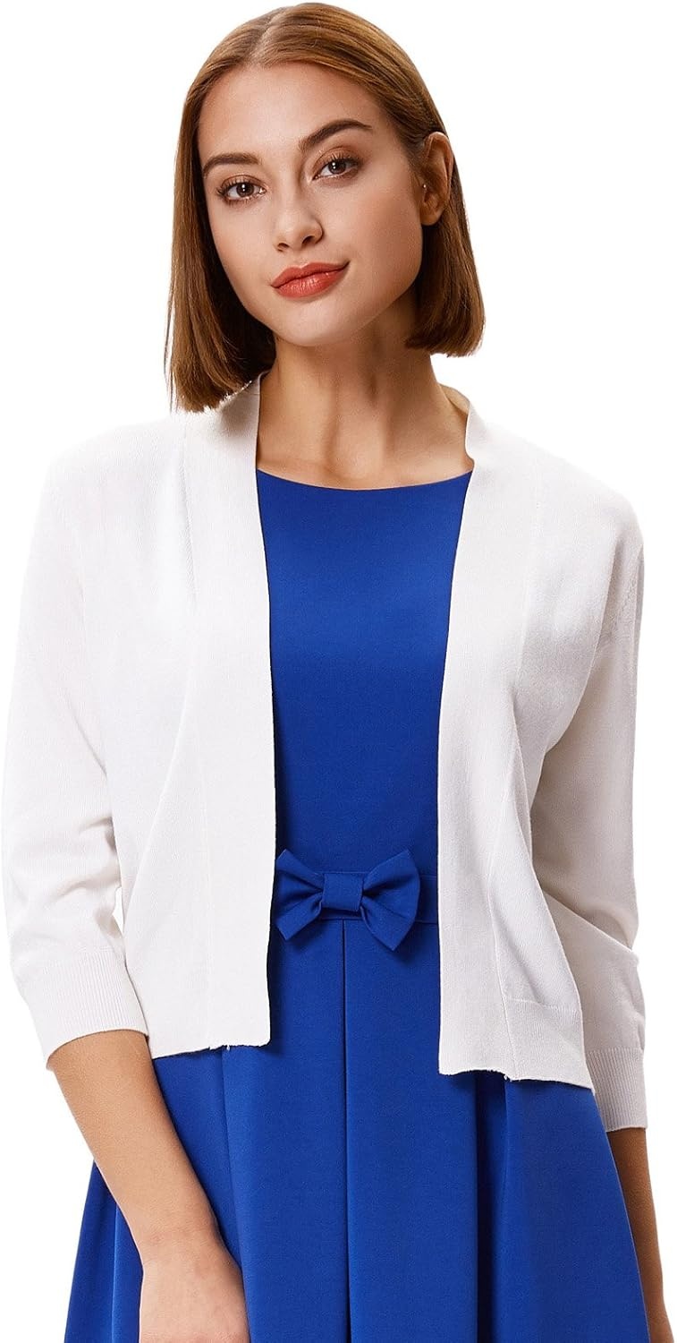 image:imageGRACE KARIN Womens 34 Sleeve Knit Cropped Cardigan Sweaters Lightweight Open Front Bolero Shrugs Sweater for DressIvory White