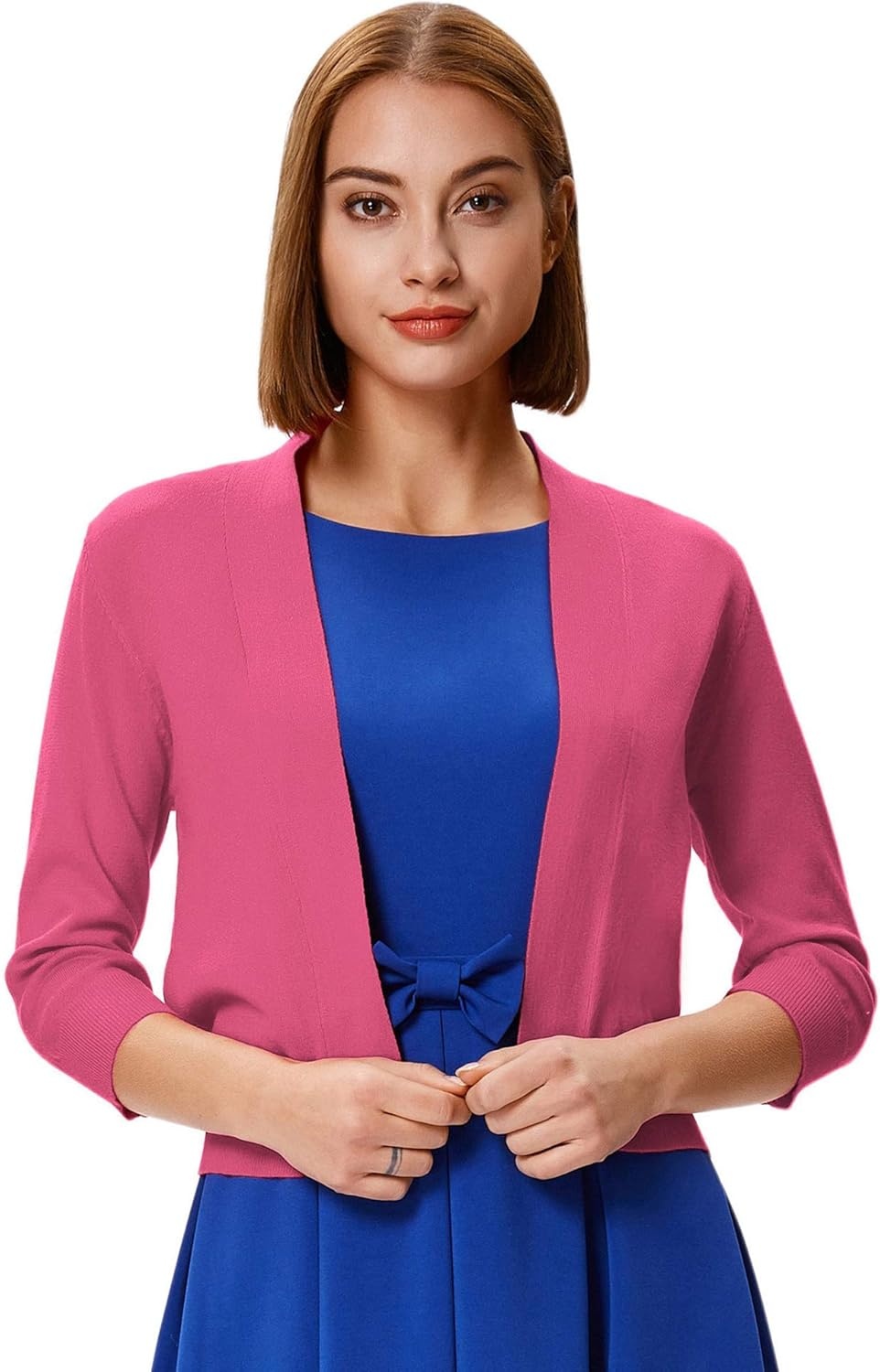image:imageGRACE KARIN Womens 34 Sleeve Knit Cropped Cardigan Sweaters Lightweight Open Front Bolero Shrugs Sweater for DressPink