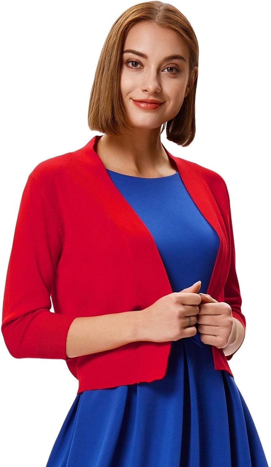 image:imageGRACE KARIN Womens 34 Sleeve Knit Cropped Cardigan Sweaters Lightweight Open Front Bolero Shrugs Sweater for DressRed