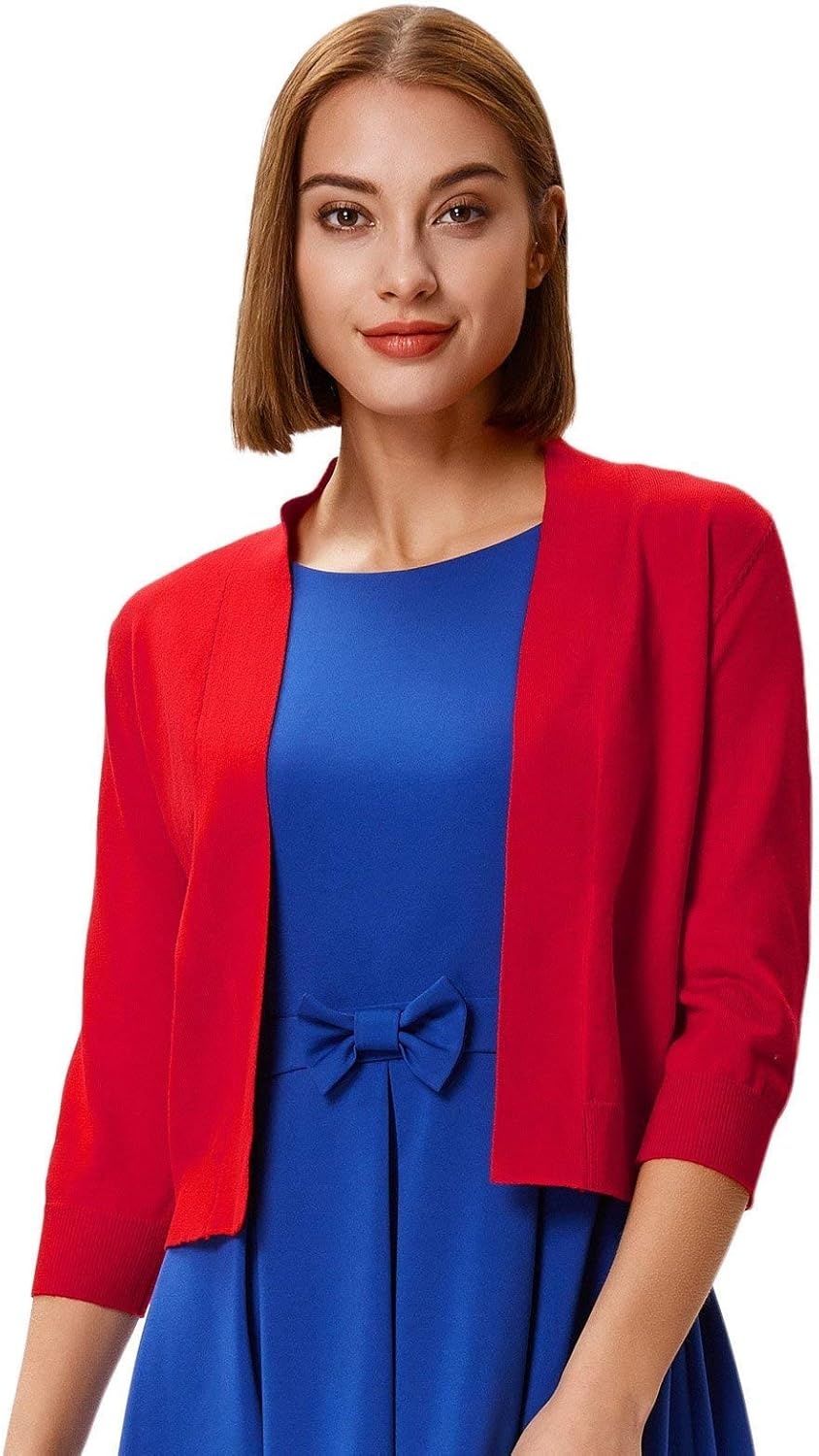 image:imageGRACE KARIN Womens 34 Sleeve Knit Cropped Cardigan Sweaters Lightweight Open Front Bolero Shrugs Sweater for DressRed