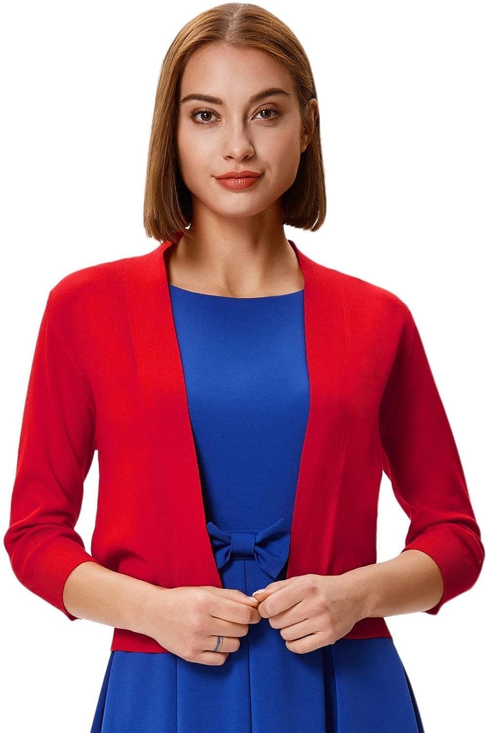 image:imageGRACE KARIN Womens 34 Sleeve Knit Cropped Cardigan Sweaters Lightweight Open Front Bolero Shrugs Sweater for DressRed
