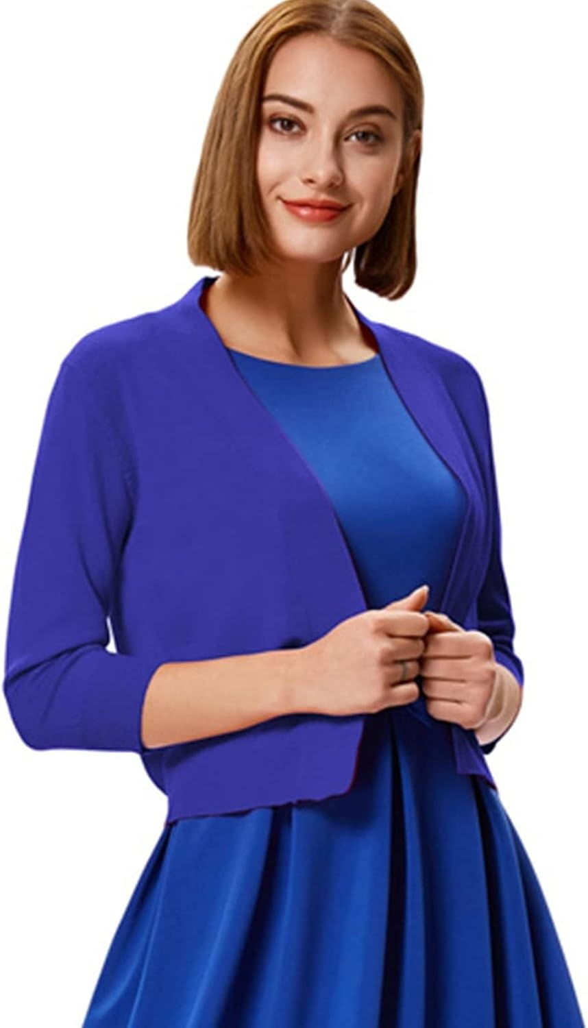 image:imageGRACE KARIN Womens 34 Sleeve Knit Cropped Cardigan Sweaters Lightweight Open Front Bolero Shrugs Sweater for DressSapphire Blue