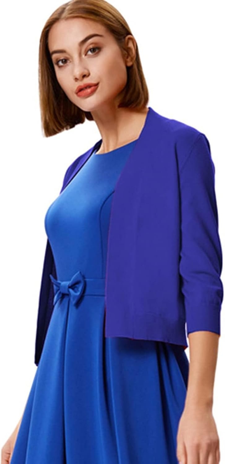 image:imageGRACE KARIN Womens 34 Sleeve Knit Cropped Cardigan Sweaters Lightweight Open Front Bolero Shrugs Sweater for DressSapphire Blue