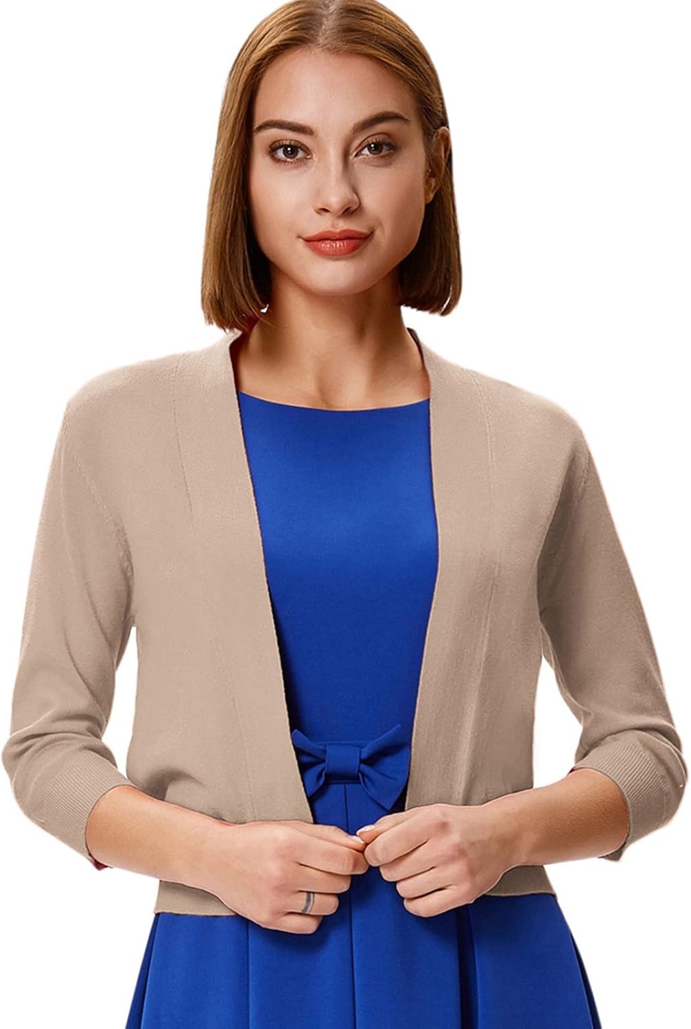 image:imageGRACE KARIN Womens 34 Sleeve Knit Cropped Cardigan Sweaters Lightweight Open Front Bolero Shrugs Sweater for DressTan