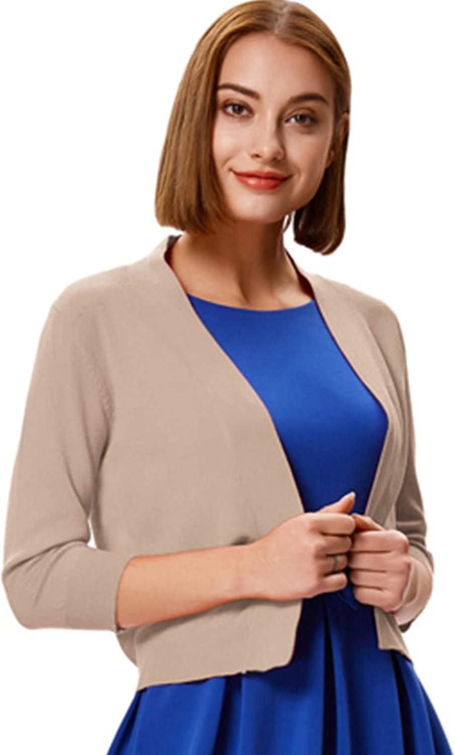 image:imageGRACE KARIN Womens 34 Sleeve Knit Cropped Cardigan Sweaters Lightweight Open Front Bolero Shrugs Sweater for DressTan