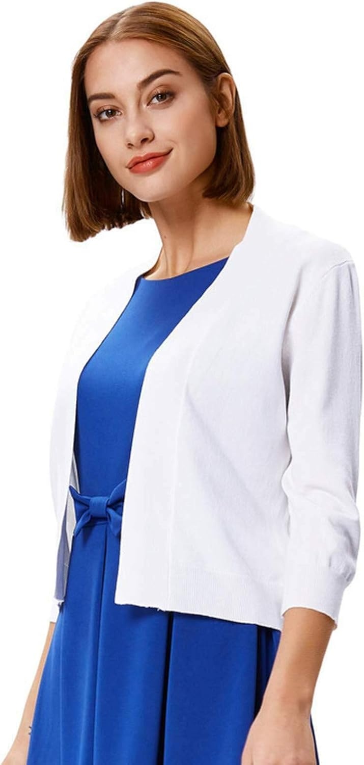 image:imageGRACE KARIN Womens 34 Sleeve Knit Cropped Cardigan Sweaters Lightweight Open Front Bolero Shrugs Sweater for DressWhite