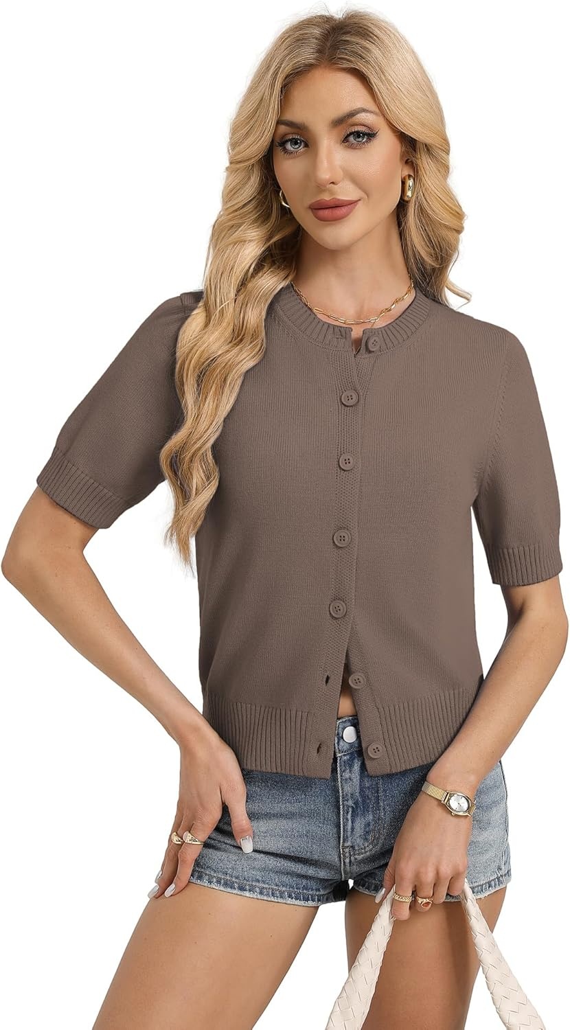 image:imageGRACE KARIN Womens Casual Short Sleeve Cardigan Lightweight Summer Cardigan Sweater 2026 Button Up Cropped Shrug SweaterBrown