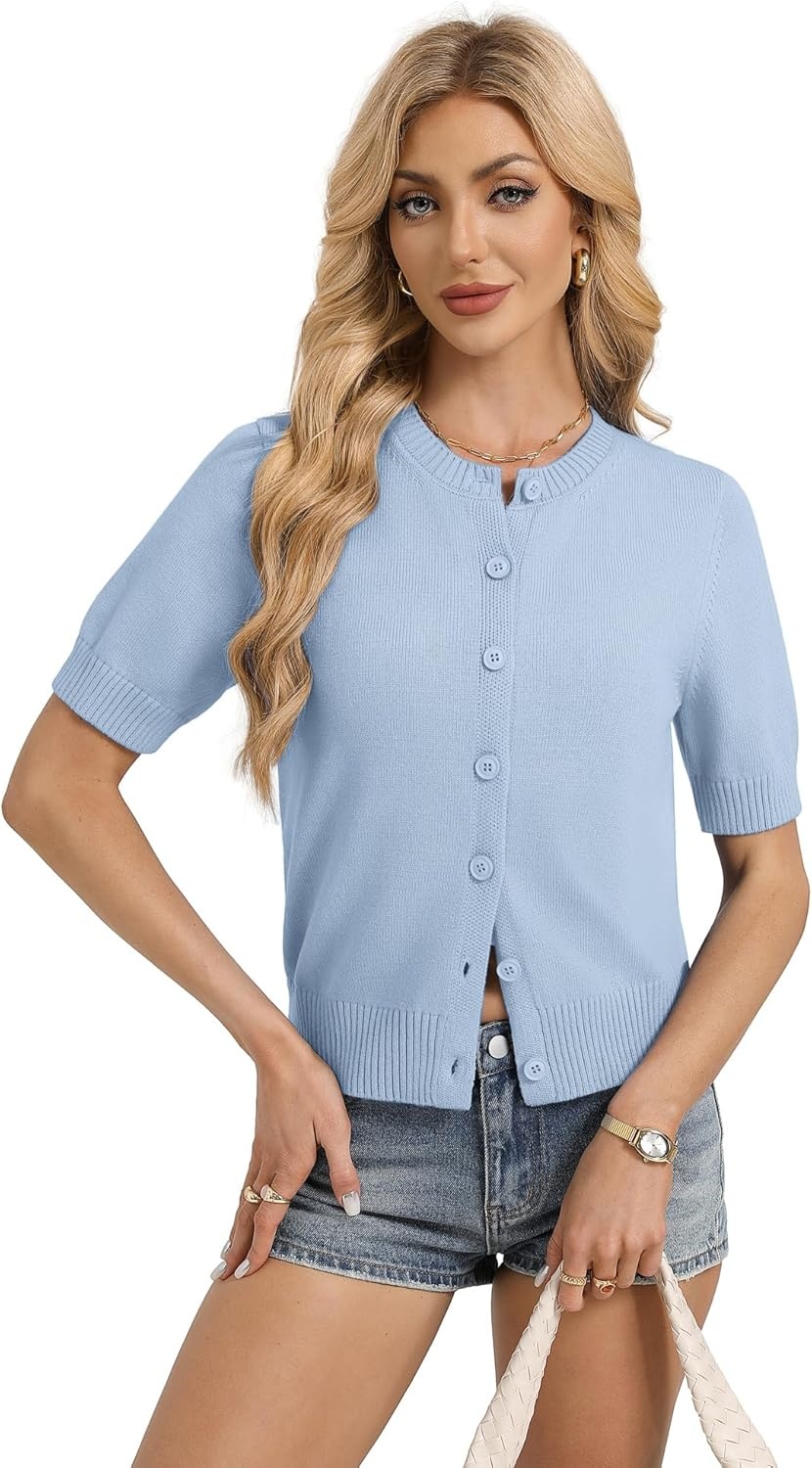 image:imageGRACE KARIN Womens Casual Short Sleeve Cardigan Lightweight Summer Cardigan Sweater 2026 Button Up Cropped Shrug SweaterLight Blue