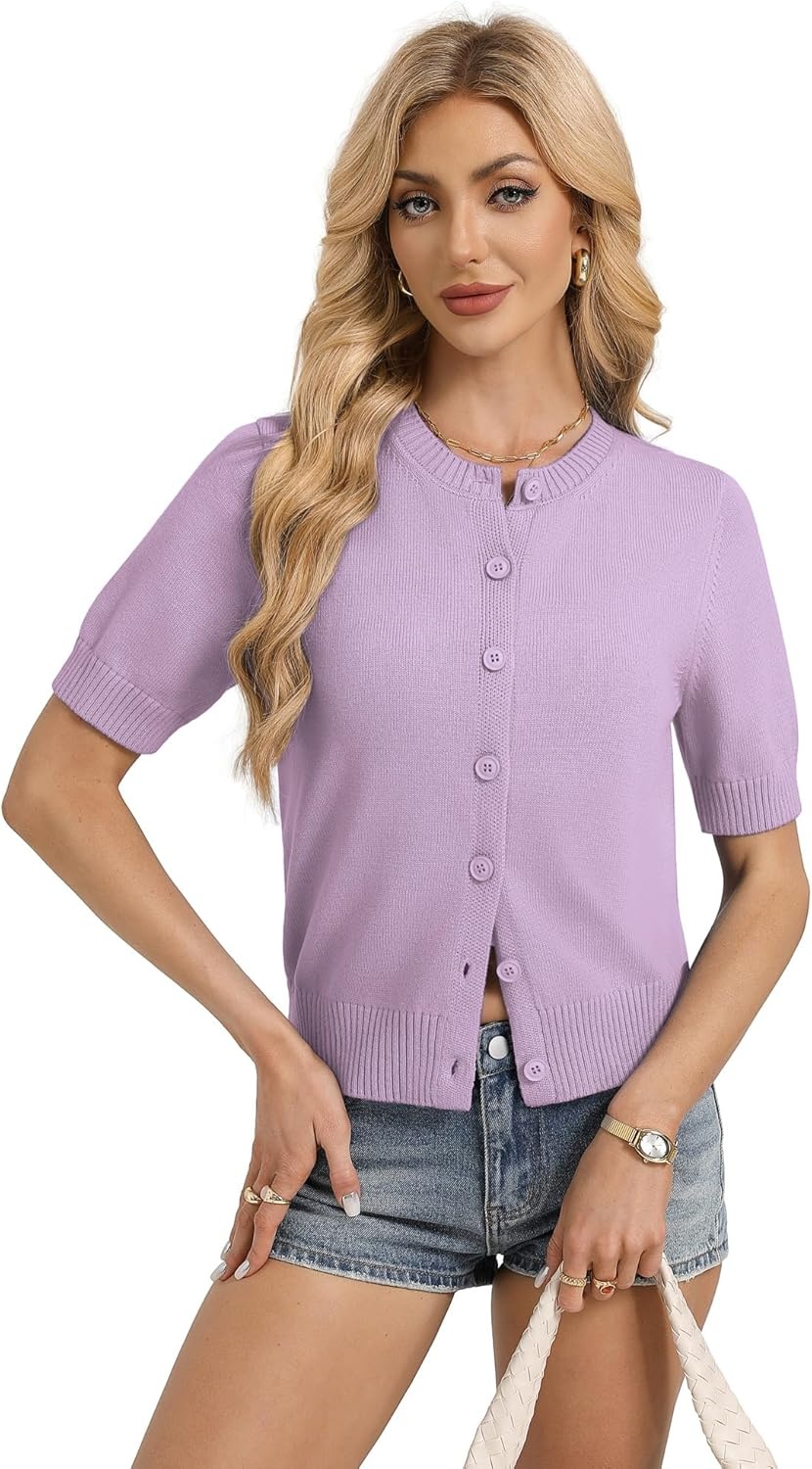 image:imageGRACE KARIN Womens Casual Short Sleeve Cardigan Lightweight Summer Cardigan Sweater 2026 Button Up Cropped Shrug SweaterLight Purple