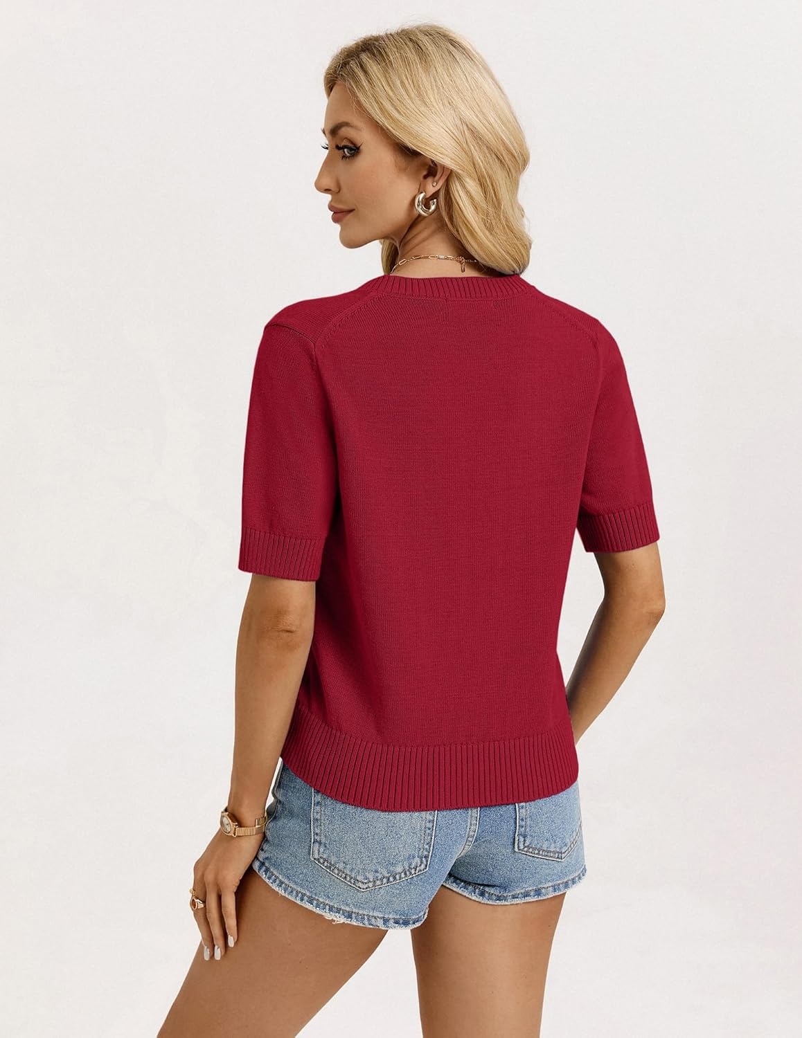 image:imageGRACE KARIN Womens Casual Short Sleeve Cardigan Lightweight Summer Cardigan Sweater 2026 Button Up Cropped Shrug SweaterRed