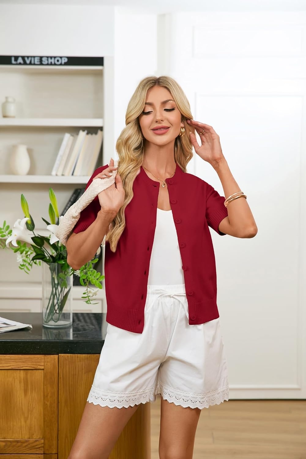 image:imageGRACE KARIN Womens Casual Short Sleeve Cardigan Lightweight Summer Cardigan Sweater 2026 Button Up Cropped Shrug SweaterRed