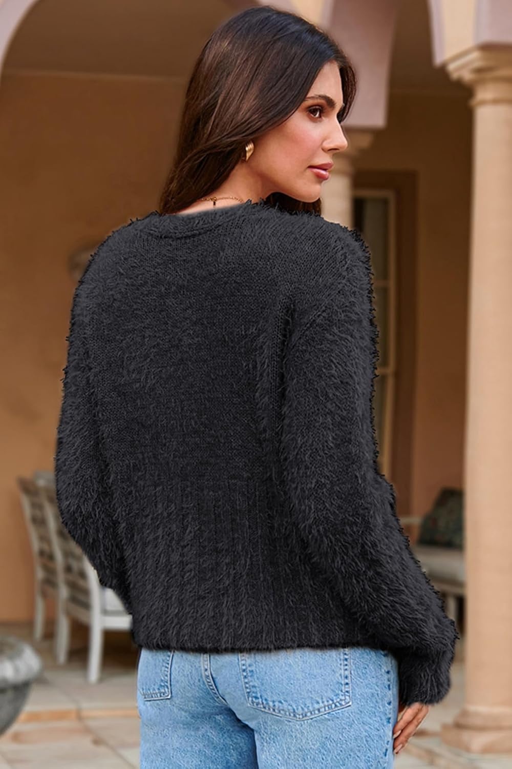 image:imageGRACE KARIN Womens Fuzzy Cardigan Long Sleeve Open Front VNeck Button Down Loose Knit Sweater Outwear CoatBlack
