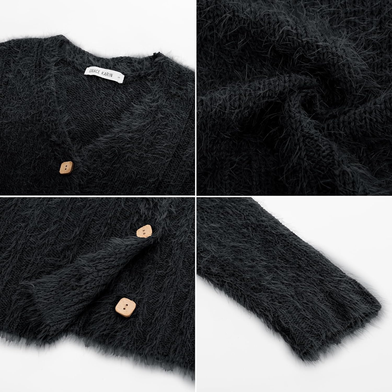 image:imageGRACE KARIN Womens Fuzzy Cardigan Long Sleeve Open Front VNeck Button Down Loose Knit Sweater Outwear CoatBlack