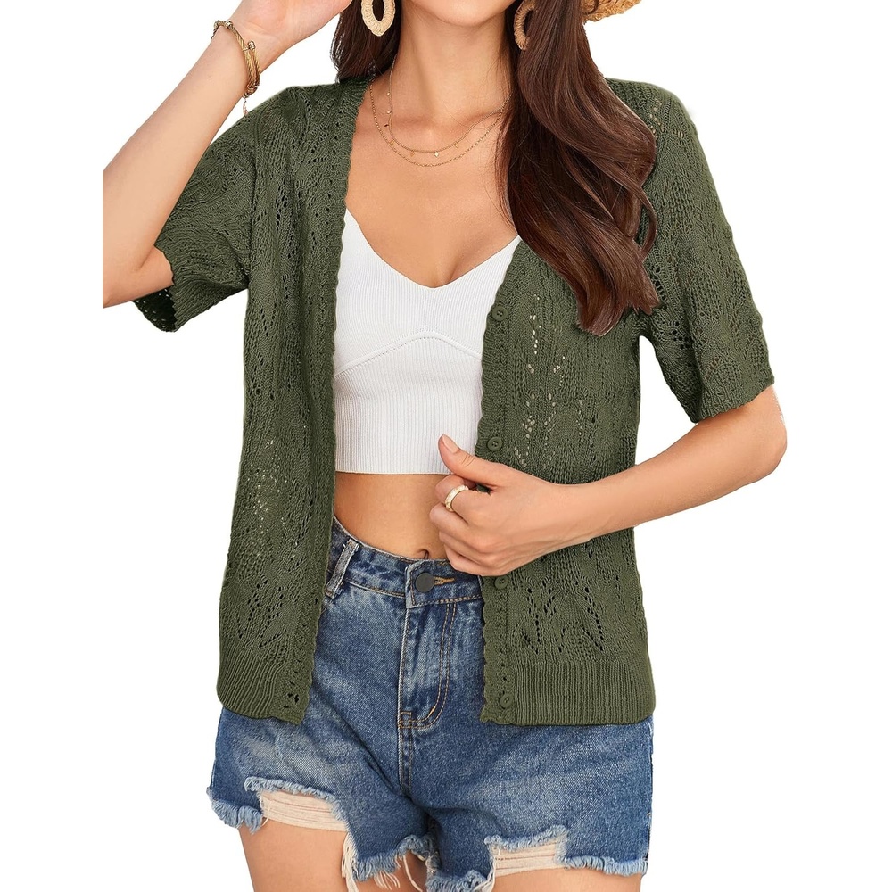 image:imageGRACE KARIN 2026 Womens Short Sleeve V Neck Cardigans Sweaters Open Front Knit Crochet Button Bolero Shrugs TopsArmy Green