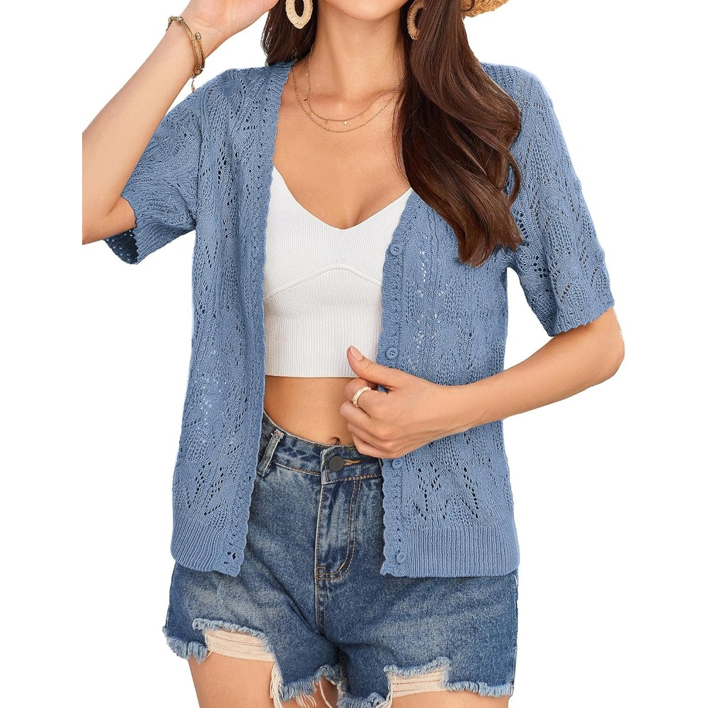 image:imageGRACE KARIN 2026 Womens Short Sleeve V Neck Cardigans Sweaters Open Front Knit Crochet Button Bolero Shrugs TopsGray Blue