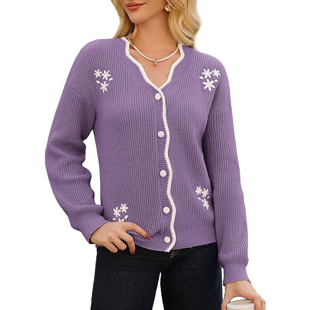 image:imageGRACE KARIN Flower Sweater Cardigan for Women Button Down Long Sleeve Cardigans Embroidered Open Front JacketPurple