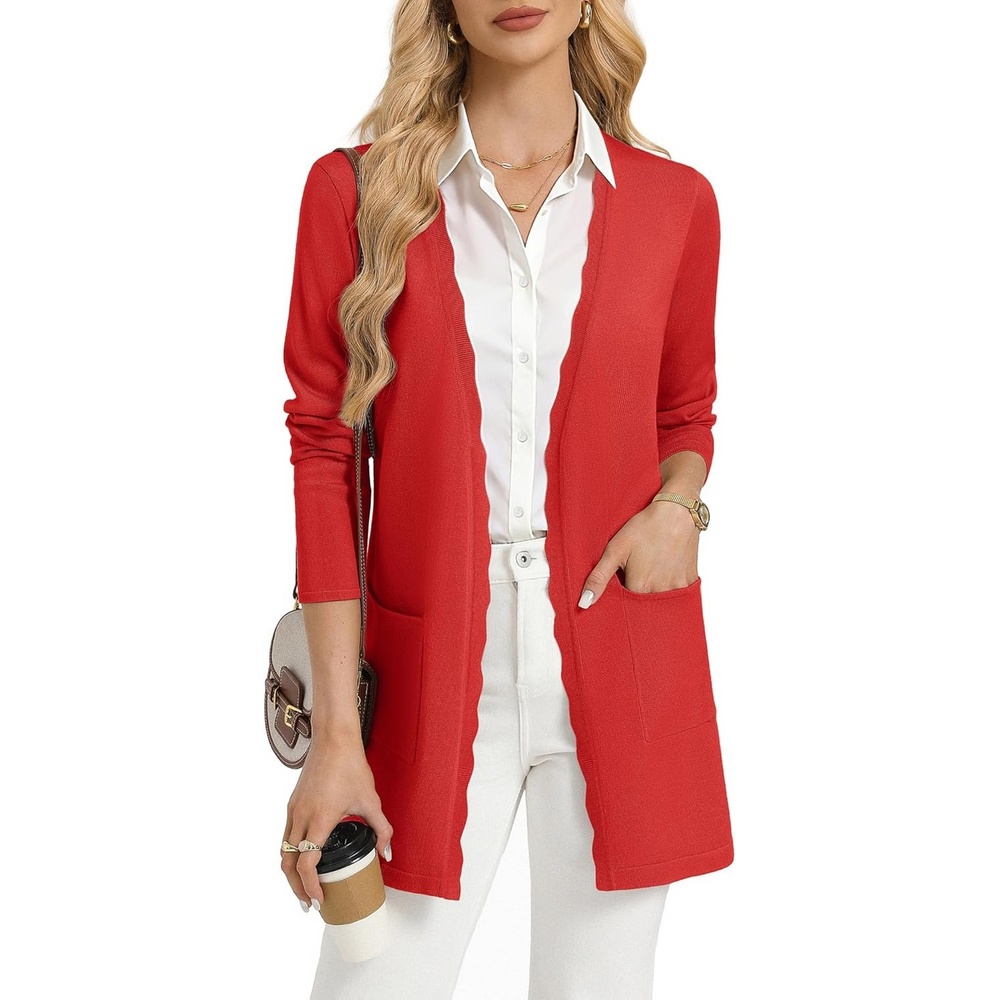 image:imageGRACE KARIN Long Cardigan Sweater for Women Lightweight Cardigans Business Casual Open Front Spring Outfits with PocketsRed