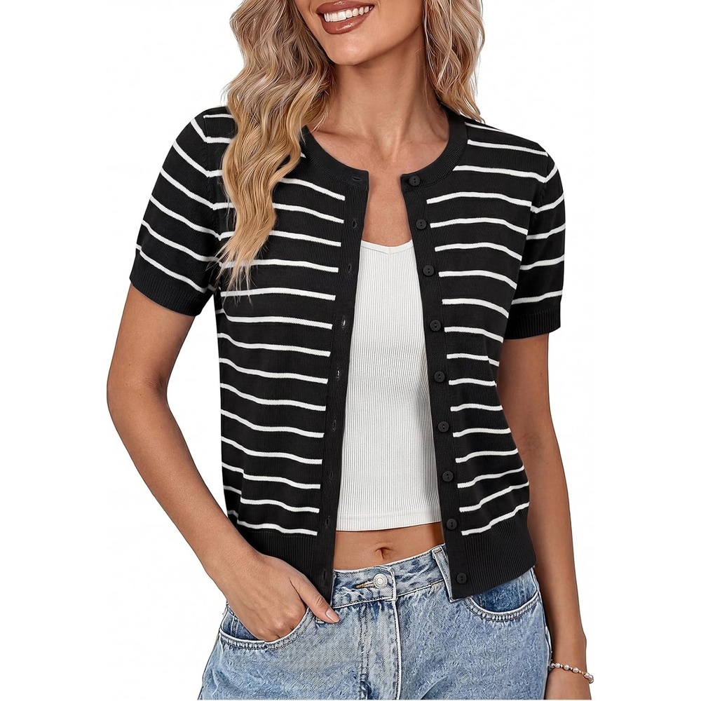 image:imageGRACE KARIN Women Short Sleeve Cardigan 2026 Summer Knitted Sweater Tops Basic Crew Neck Crop Outfits01 Black White