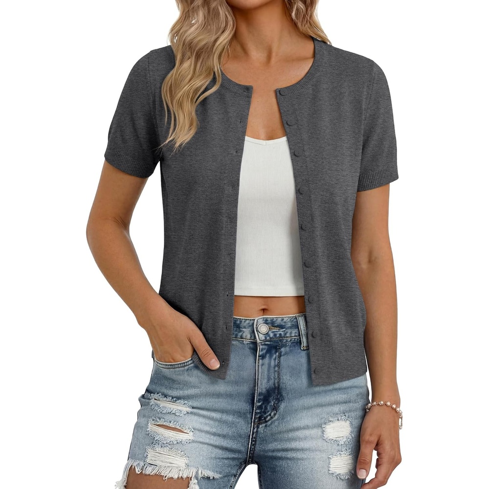image:imageGRACE KARIN Women Short Sleeve Cardigan 2026 Summer Knitted Sweater Tops Basic Crew Neck Crop OutfitsGray Heather