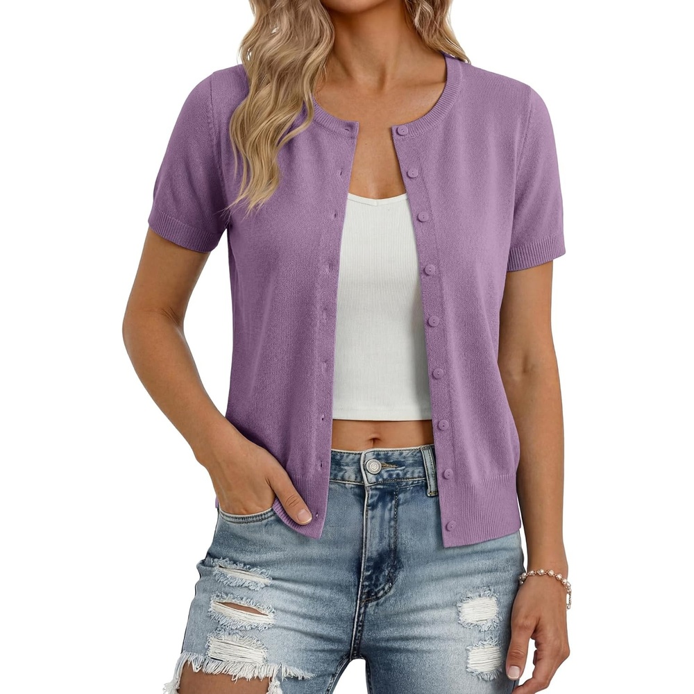 image:imageGRACE KARIN Women Short Sleeve Cardigan 2026 Summer Knitted Sweater Tops Basic Crew Neck Crop OutfitsPurple