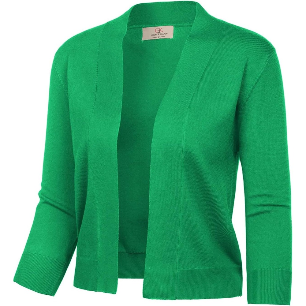 image:imageGRACE KARIN Womens 34 Sleeve Knit Cropped Cardigan Sweaters Lightweight Open Front Bolero Shrugs Sweater for DressGreen