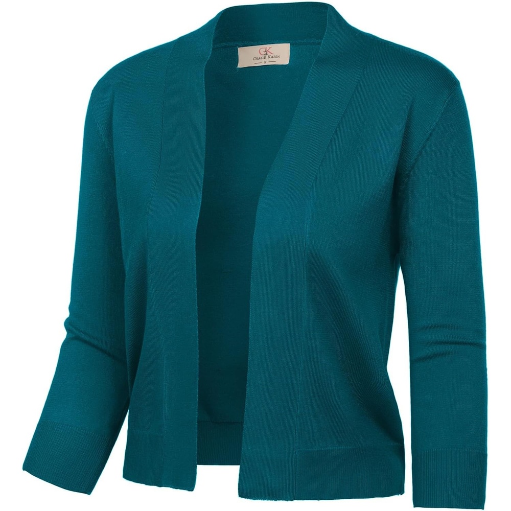 image:imageGRACE KARIN Womens 34 Sleeve Knit Cropped Cardigan Sweaters Lightweight Open Front Bolero Shrugs Sweater for DressPeacock Blue