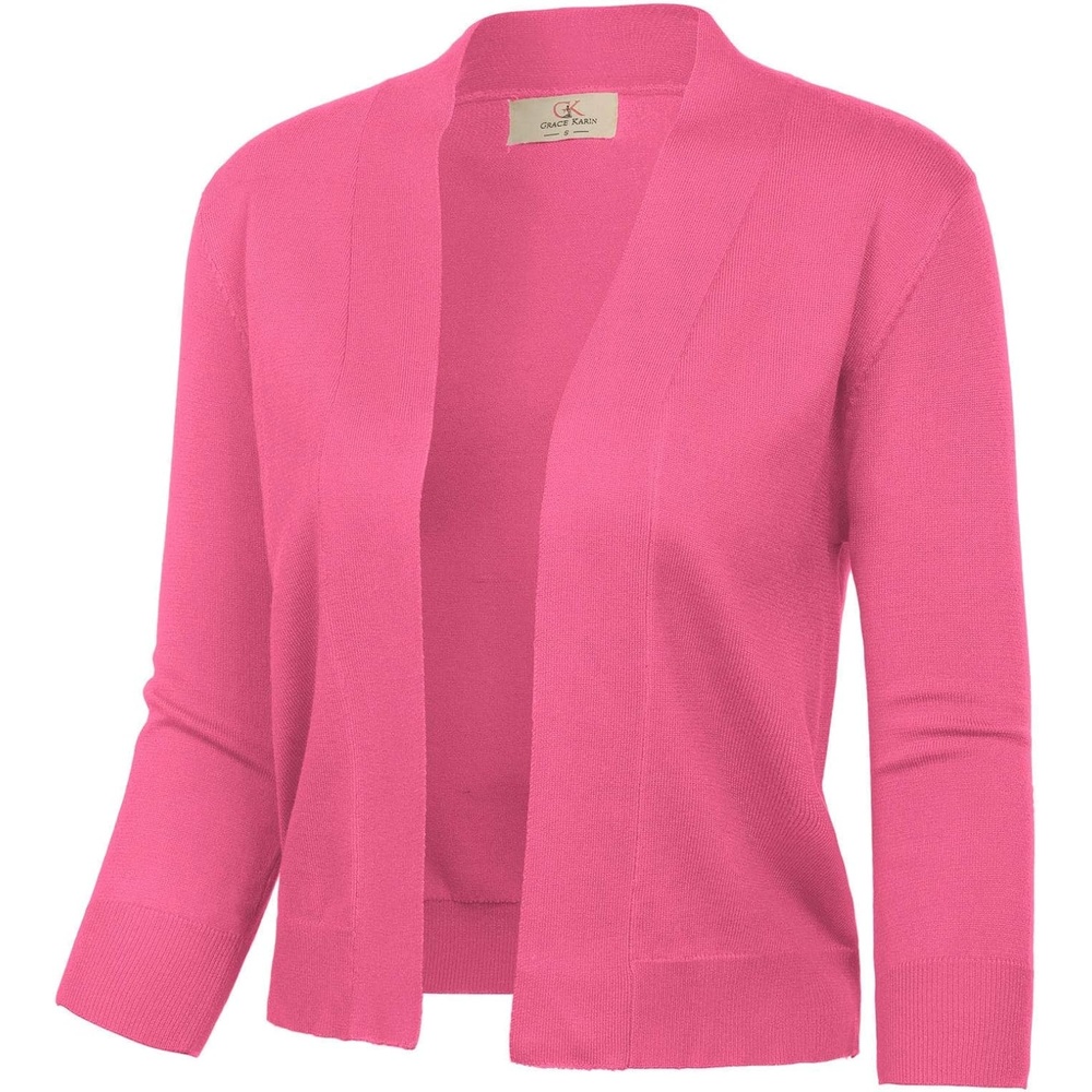 image:imageGRACE KARIN Womens 34 Sleeve Knit Cropped Cardigan Sweaters Lightweight Open Front Bolero Shrugs Sweater for DressPink