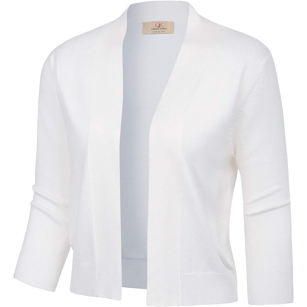 image:imageGRACE KARIN Womens 34 Sleeve Knit Cropped Cardigan Sweaters Lightweight Open Front Bolero Shrugs Sweater for DressWhite