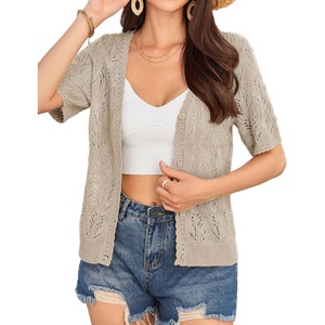 GRACE KARIN 2026 Women’s Short Sleeve V Neck Cardigans Sweaters Open Front Knit Crochet Button Bolero Shrugs Tops(Grey Apricot)