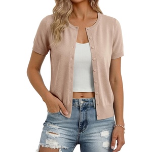 GRACE KARIN Women Short Sleeve Cardigan, 2026 Summer Knitted Sweater Tops, Basic Crew Neck Crop Outfits(Khaki)