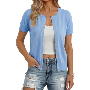 GRACE KARIN Women Short Sleeve Cardigan, 2026 Summer Knitted Sweater Tops, Basic Crew Neck Crop Outfits(Light Blue)