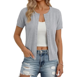 GRACE KARIN Women Short Sleeve Cardigan, 2026 Summer Knitted Sweater Tops, Basic Crew Neck Crop Outfits(Light Gray)