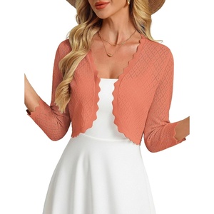 GRACE KARIN Womens 2026 Bolero Shrug 3/4 Sleeve Crochet Cropped Cardigan Open Front Knit Shrugs for Dresses(Coral Pink)