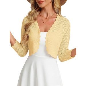 GRACE KARIN Womens 2026 Bolero Shrug 3/4 Sleeve Crochet Cropped Cardigan Open Front Knit Shrugs for Dresses(Light Yellow)